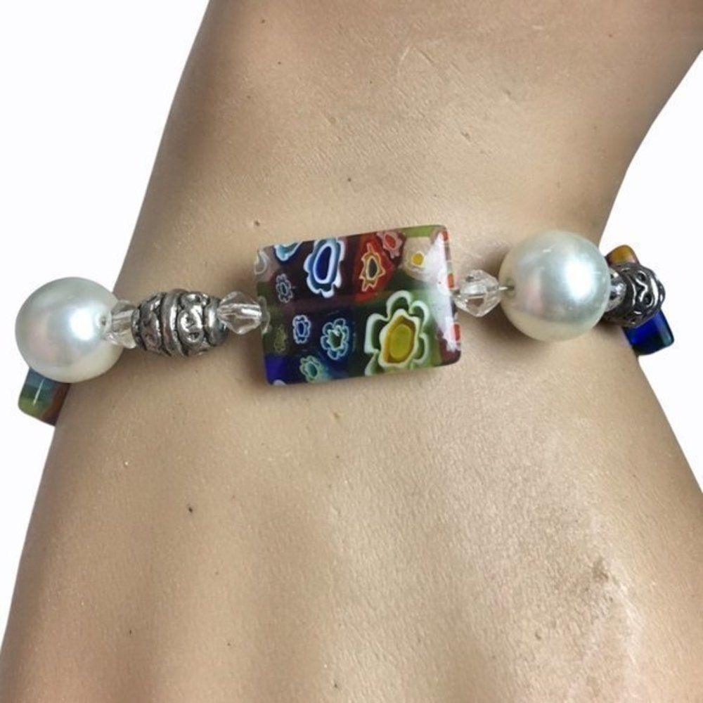Millefiori Style Murano Glass Bead Bracelet 8 Inch Faux Pearls